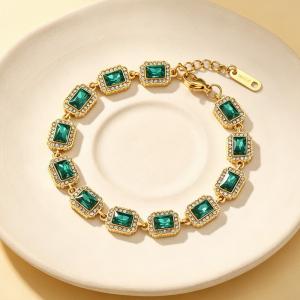 Vintage Royal Rectangular Cubic Zirconia Halo Bracelet Gold Plated Elegant Gemstone Chain Bracelet - KB216314-CAJY