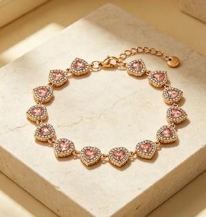 Gold Plated  Heart Cubic Zirconia Halo Link Bracelet, Adjustable Crystal Heart Tennis Bracelet Women Wedding Party Jewelry - KB216320-CAJY