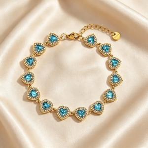 Gold Plated  Heart Cubic Zirconia Halo Link Bracelet, Adjustable Crystal Heart Tennis Bracelet Women Wedding Party Jewelry - KB216321-CAJY