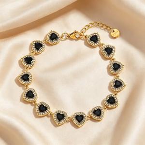 Gold Plated  Heart Cubic Zirconia Halo Link Bracelet, Adjustable Crystal Heart Tennis Bracelet Women Wedding Party Jewelry - KB216325-CAJY