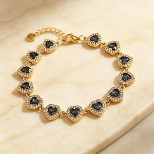 Gold Plated  Heart Cubic Zirconia Halo Link Bracelet, Adjustable Crystal Heart Tennis Bracelet Women Wedding Party Jewelry - KB216326-CAJY