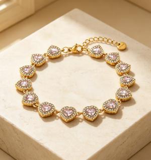 Gold Plated  Heart Cubic Zirconia Halo Link Bracelet, Adjustable Crystal Heart Tennis Bracelet Women Wedding Party Jewelry - KB216327-CAJY