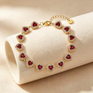 Gold Plated  Heart Cubic Zirconia Halo Link Bracelet, Adjustable Crystal Heart Tennis Bracelet Women Wedding Party Jewelry - KB216328-CAJY