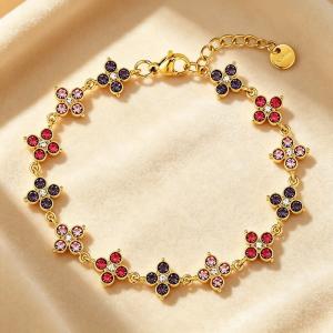 Dainty Color Crystal Four Leaf Clover Bracelet, Gold Plated Stainless Steel Adjustable Wrist Jewelry for Her - KB216331-CAJY