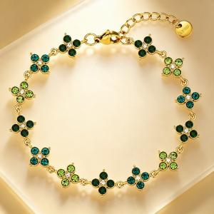 Dainty Color Crystal Four Leaf Clover Bracelet, Gold Plated Stainless Steel Adjustable Wrist Jewelry for Her - KB216332-CAJY