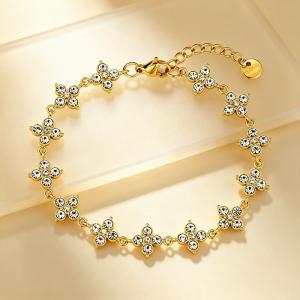 Dainty Color Crystal Four Leaf Clover Bracelet, Gold Plated Stainless Steel Adjustable Wrist Jewelry for Her - KB216334-CAJY