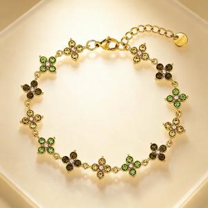 Dainty Color Crystal Four Leaf Clover Bracelet, Gold Plated Stainless Steel Adjustable Wrist Jewelry for Her - KB216335-CAJY