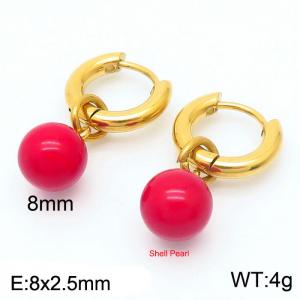Red Shell Pearl Gold Color Earrings For Women Stainless Steel - KE108019-Z