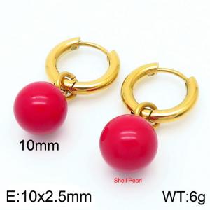 10mm Red  Shell Pearl Gold Color Earrings For Women Stainless Steel - KE108034-Z