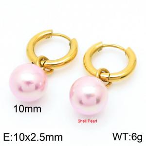 10mm Pink Shell Pearl Gold Color Earrings For Women Stainless Steel - KE108036-Z