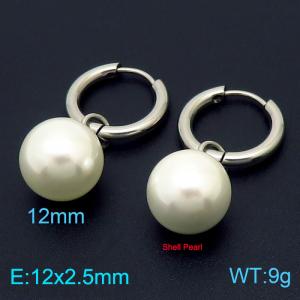 12mm White Shell Pearl Silver Color Earrings For Women Stainless Steel - KE108045-Z