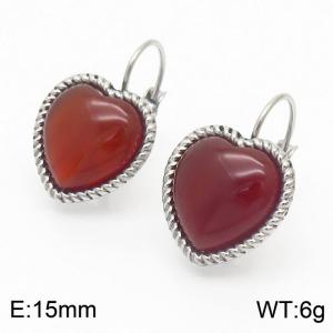 Fashion Silver Color Stainless Steel Red Color Stone Heart Dangle Earrings For Women Jewelry - KE109545-GC