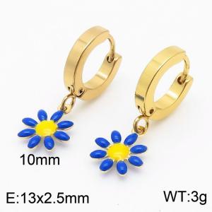 Adorable Women Gold-Plated Stainless Steel Earrings with Blue&Yellow Flower Charms - KE109556-HF