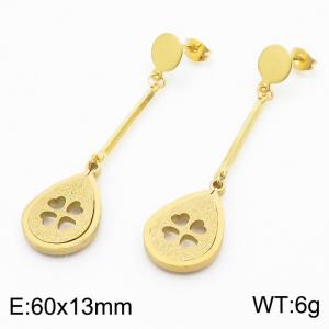 Stainless Steel Gold Color Water Drop Four Leaf Clover Pendant Earrings For Women - KE109942-SS
