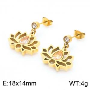 Stainless steel fashionable gilded earrings hanging hollow lotus shaped pink gemstone pendant - KE110090-KLX