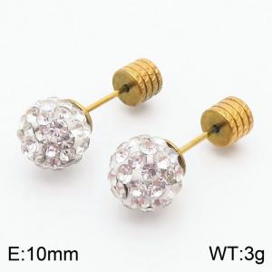 10mm spherical inlaid transparent rhinestone stainless steel fashionable and charming women's gold earrings - KE110746-Z