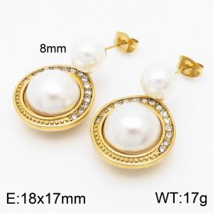 High grade micro diamond round pearl gold titanium steel earrings - KE110802-GC