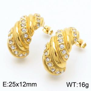 Woman Cute Gold-Plated Stainless Steel&Rhinestones Curved Earrings - KE111806-KFC
