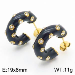 Titanium steel black oil drop diamond C-shaped women's fashionable earrings - KE112165-WGJD