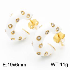 Titanium steel black drop oil inlaid diamond C-shaped women's fashionable earrings white - KE112166-WGJD