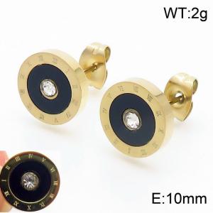 European and American fashionable stainless steel Roman digital diamond inlaid black shell circular temperament gold earrings - KE112253-MW