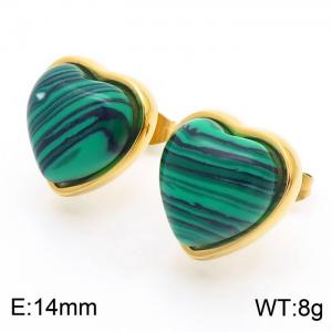 Retro vacuum plated gold colored synthetic malachite stainless steel lady earrings - KE112295-Z