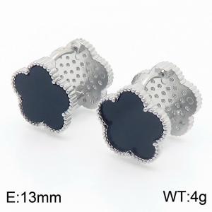 Stainless Steel Flower Black Shell Stud Earrings Silver Color - KE113980-KFC