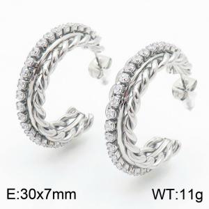 European and American fashion stainless steel creative multilayer C-shaped diamond inlaid welded twisted chain temperament silver earrings - KE114148-KFC