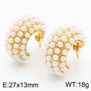 Stainless steel plated 18K gold colored diamond micro inlaid with pearls, full diamond thick C-shaped earrings for women - KE114151-KFC