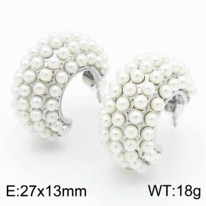 Stainless steel colored diamond micro inlaid pearl full diamond thick C-shaped earrings for women - KE114152-KFC