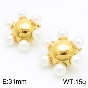 Stainless Steel Plated 18K Gold Outer Ring Pearl Smooth Round Wheel Earrings Female - KE114172-KFC