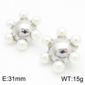 Stainless Steel Plated 18K Gold Outer Ring Pearl Smooth Round Wheel Earrings Female - KE114173-KFC
