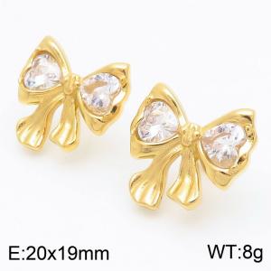 Individualized temperament, golden diamond studded titanium steel bow earrings - KE114186-KFC