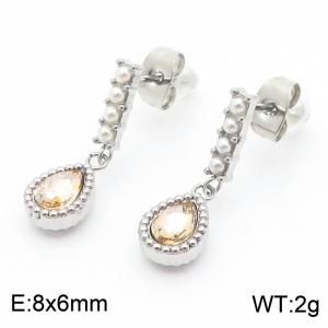 French retro personalized stainless steel tassel pearl rectangular connection champagne diamond droplet shaped pendant with versatile silver earrings - KE114614-KFC