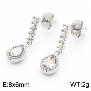 French retro personalized stainless steel tassel pearl rectangular connection transparent diamond droplet shaped pendant with versatile silver earrings - KE114620-KFC