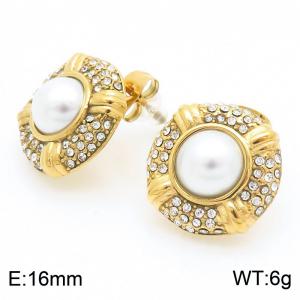 French Vintage Personalized Stainless Steel Round Inlaid Diamond Pearl Palace Style Versatile Gold Earrings - KE114623-KFC