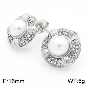 French Vintage Personalized Stainless Steel Round Inlaid Diamond Pearl Palace Style Versatile Silver Earrings - KE114624-KFC