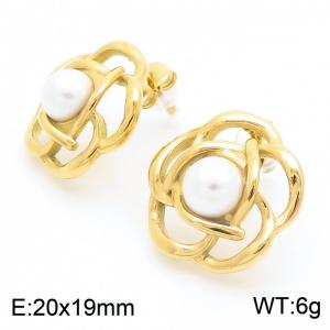 European and American fashion personality stainless steel hollowed out camellia flower inlaid with pearl temperament gold earrings - KE114631-KFC