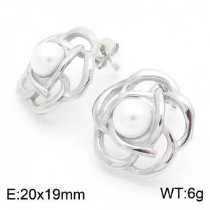 European and American fashion personality stainless steel hollowed out camellia flower inlaid with pearl temperament silver earrings - KE114632-KFC