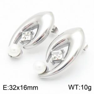 European and American fashion personality stainless steel creative geometric diamond studded pearl women's temperament silver earrings - KE114901-K