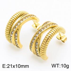 European and American fashion personality stainless steel creative multi-layer hollow inlay diamond C-shaped women's temperament gold earrings - KE114903-K