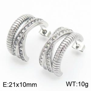 European and American fashion personality stainless steel creative multi-layer hollow inlay diamond C-shaped women's temperament silver  earrings - KE114904-K