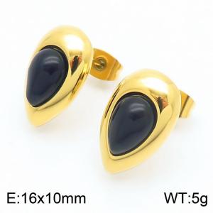 European and American fashion personality stainless steel creative droplet shaped inlay black agate women's temperament gold earrings - KE114905-K