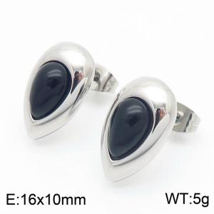 European and American fashion personality stainless steel creative droplet shaped inlay black agate women's temperament silver earrings - KE114906-K