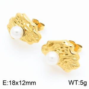 European and American fashionable and personalized stainless steel wrinkled geometric inlaid pearl women's temperament gold earrings - KE114916-K