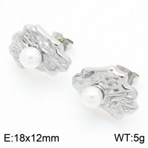 European and American fashionable and personalized stainless steel wrinkled geometric inlaid pearl women's temperament silver earrings - KE114917-K
