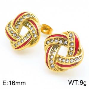 Women Red-Striped Gold-Plated Stainless Steel&Rhinestones Knot Earrings - KE115089-K