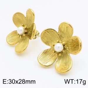 Women Gold-Plated Stainless Steel&Pearl Flower Earrings - KE115313-KFC