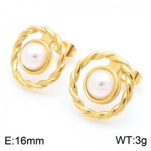 Women Gold-Plated Stainless Steel&Pearl Round Earrings - KE115327-KFC
