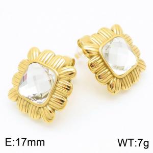 French retro personalized stainless steel creative square inlaid with transparent glass diamond temperament versatile gold earrings - KE115558-KFC